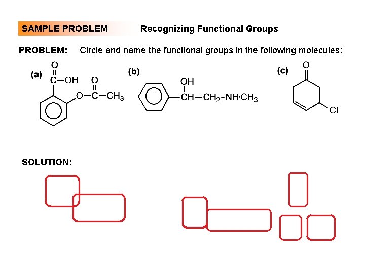 SAMPLE PROBLEM: SOLUTION: Recognizing Functional Groups Circle and name the functional groups in the