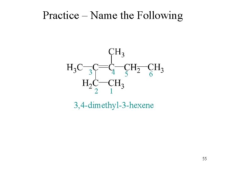 Practice – Name the Following 3 4 2 5 6 1 3, 4 -dimethyl-3