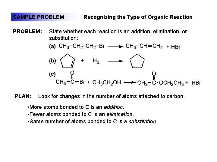 SAMPLE PROBLEM: PLAN: Recognizing the Type of Organic Reaction State whether each reaction is