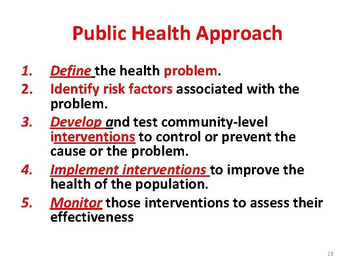 Public Health Approach 1. 2. 3. 4. 5. Define the health problem. Identify risk