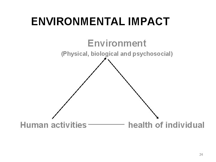  ENVIRONMENTAL IMPACT Environment (Physical, biological and psychosocial) Human activities health of individual 24