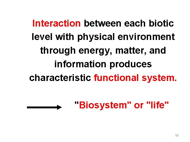 Interaction between each biotic level with physical environment through energy, matter, and information produces