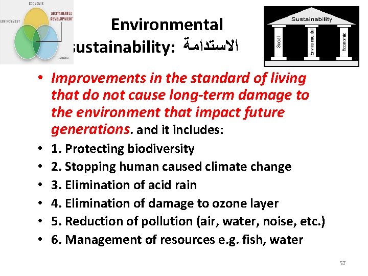 Environmental sustainability: ﺍﻻﺳﺘﺪﺍﻣﺔ • Improvements in the standard of living that do not cause