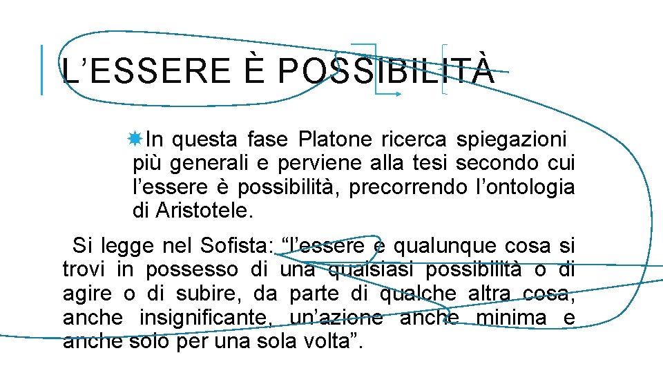 L’ESSERE È POSSIBILITÀ In questa fase Platone ricerca spiegazioni più generali e perviene alla