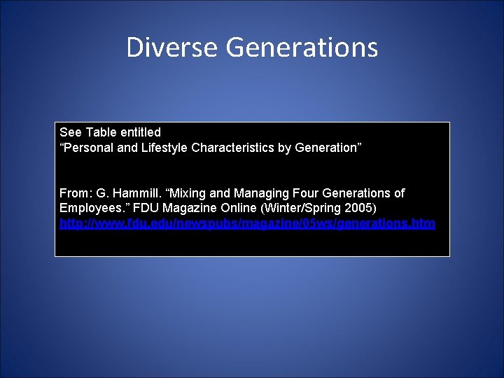 Diverse Generations See Table entitled “Personal and Lifestyle Characteristics by Generation” From: G. Hammill.