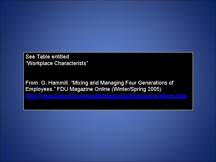 See Table entitled “Workplace Characterists” From: G. Hammill. “Mixing and Managing Four Generations of