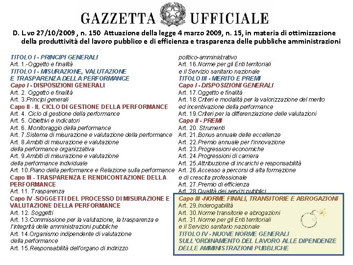 D. L. vo 27/10/2009 , n. 150 Attuazione della legge 4 marzo 2009, n.