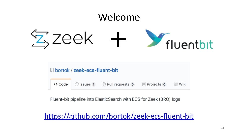 Welcome https: //github. com/bortok/zeek-ecs-fluent-bit 11 Welcome https: //github. com/bortok/zeek-ecs-fluent-bit 11