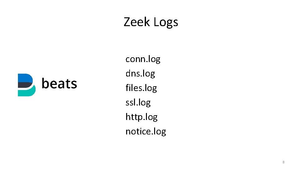 Zeek Logs conn. log dns. log files. log ssl. log http. log notice. log Zeek Logs conn. log dns. log files. log ssl. log http. log notice. log