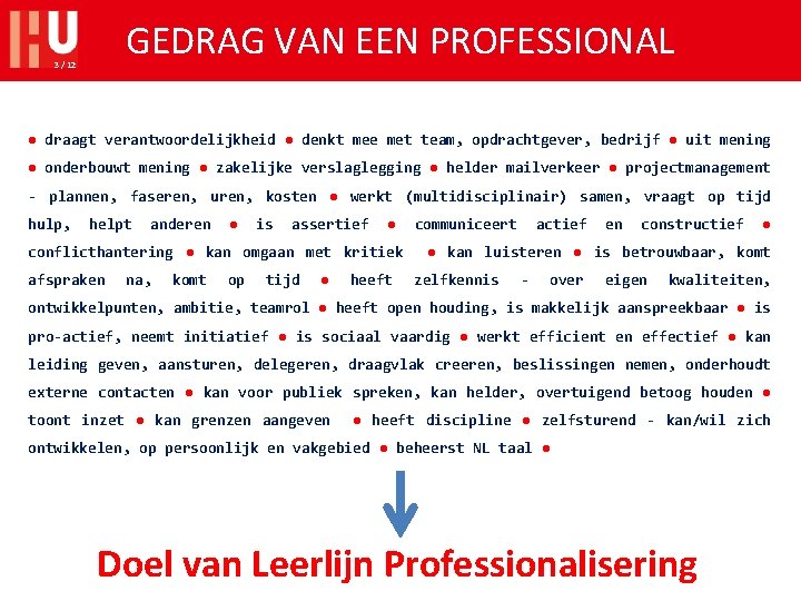 GEDRAG VAN EEN PROFESSIONAL 3 / 12 ● draagt verantwoordelijkheid ● denkt mee met