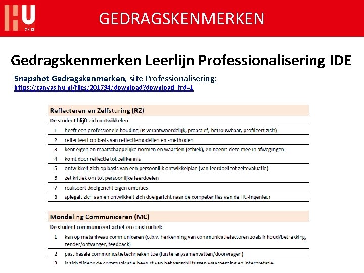 7 / 12 GEDRAGSKENMERKEN Gedragskenmerken Leerlijn Professionalisering IDE Snapshot Gedragskenmerken, site Professionalisering: https: //canvas.