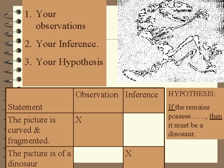 1. Your observations 2. Your Inference. 3. Your Hypothesis Observation Inference Statement The picture