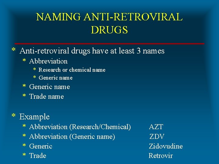 NAMING ANTI-RETROVIRAL DRUGS * Anti-retroviral drugs have at least 3 names * Abbreviation *