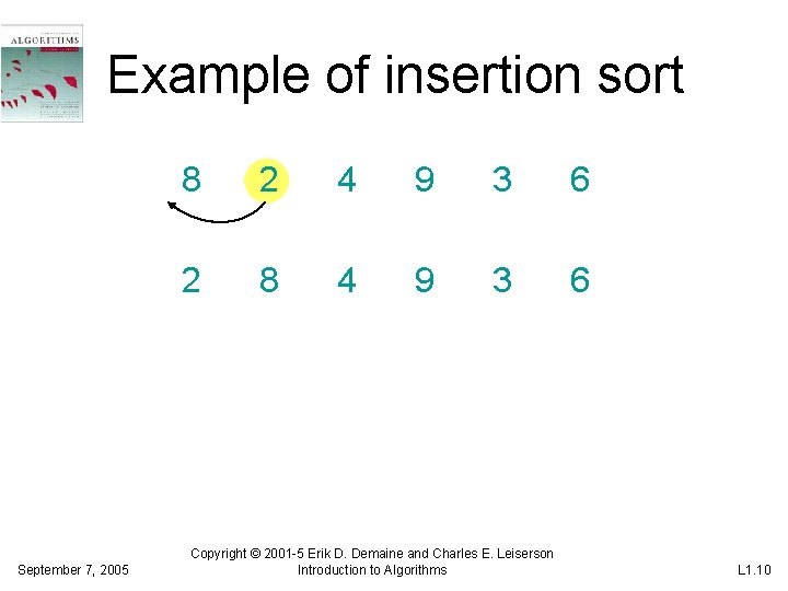 Example of insertion sort September 7, 2005 8 2 4 9 3 6 2