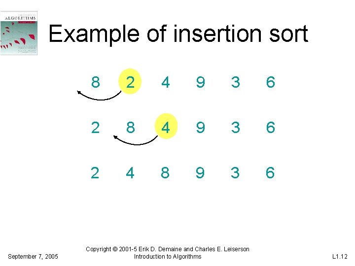 Example of insertion sort September 7, 2005 8 2 4 9 3 6 2