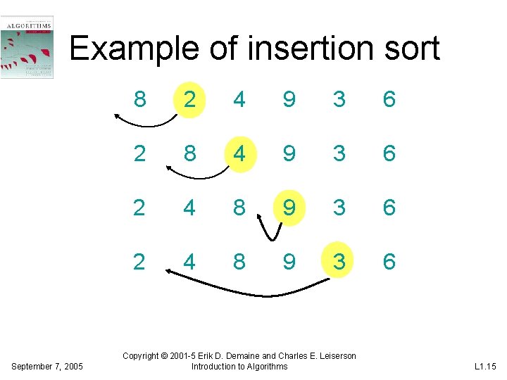 Example of insertion sort September 7, 2005 8 2 4 9 3 6 2