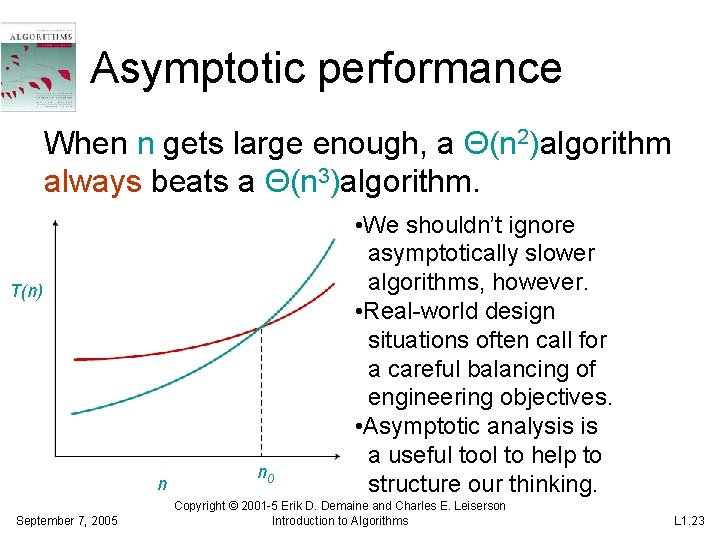 Asymptotic performance When n gets large enough, a Θ(n 2)algorithm always beats a Θ(n