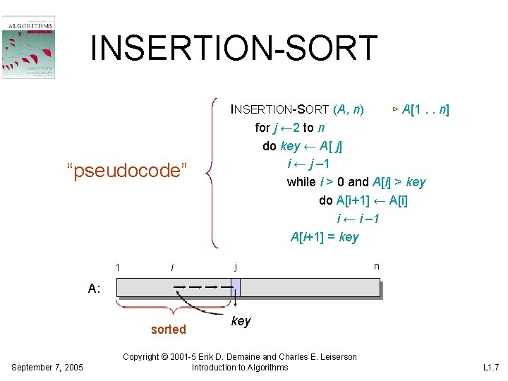 INSERTION-SORT “pseudocode” 1 i INSERTION-SORT (A, n) ⊳ A[1. . n] for j ←