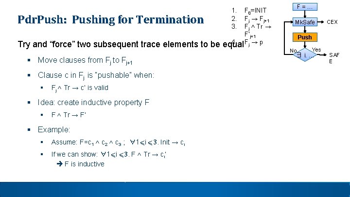 1. 2. 3. F 0=INIT Fj → Fj+1 Fj ˄ Tr → F’j+1 4. 1. 2. 3. F 0=INIT Fj → Fj+1 Fj ˄ Tr → F’j+1 4.