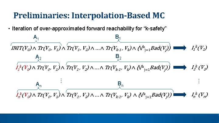 Preliminaries: Interpolation-Based MC • Iteration of over-approximated forward reachability for “k-safety” B 1 A Preliminaries: Interpolation-Based MC • Iteration of over-approximated forward reachability for “k-safety” B 1 A