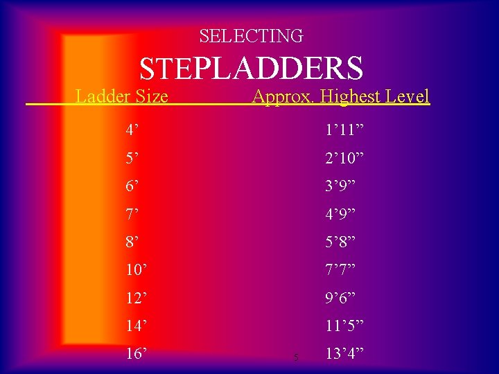 SELECTING STEPLADDERS Ladder Size Approx. Highest Level 4’ 1’ 11” 5’ 2’ 10” 6’