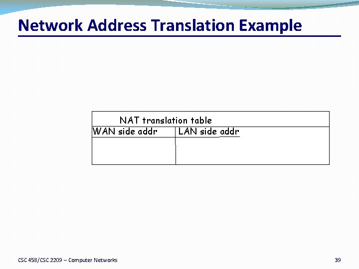 Network Address Translation Example NAT translation table WAN side addr LAN side addr CSC
