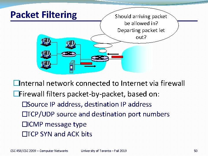 Packet Filtering Should arriving packet be allowed in? Departing packet let out? �Internal network