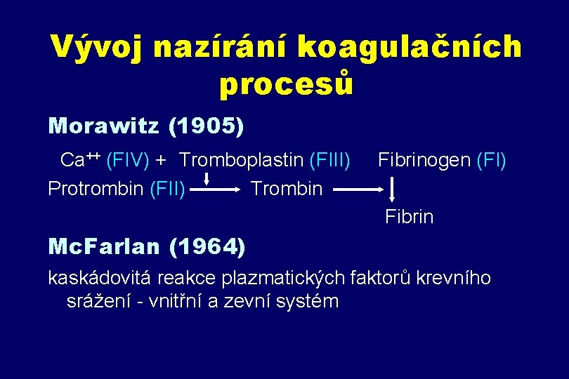 Vývoj nazírání koagulačních procesů Morawitz (1905) Ca++ (FIV) + Tromboplastin (FIII) Fibrinogen (FI) Protrombin