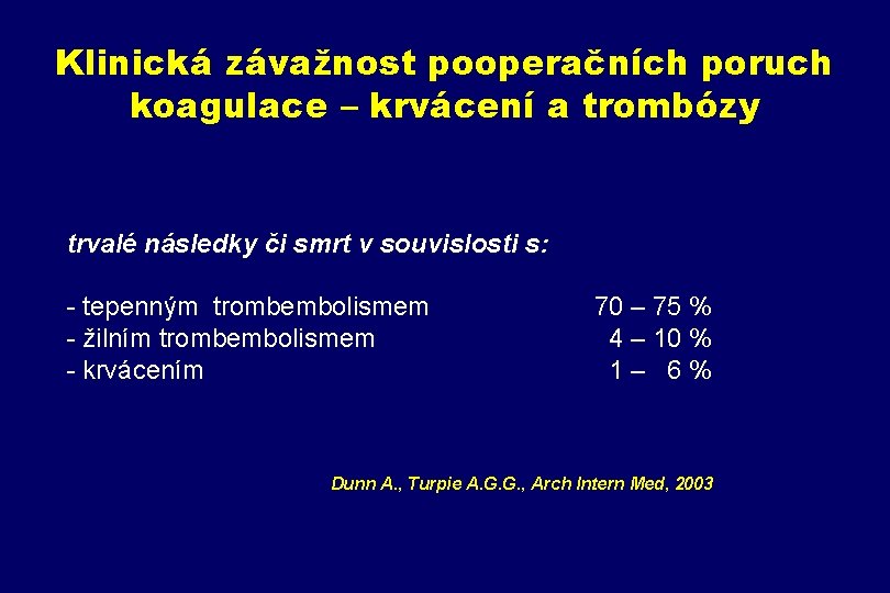 Klinická závažnost pooperačních poruch koagulace – krvácení a trombózy trvalé následky či smrt v