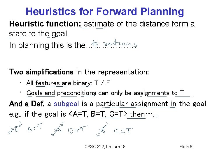 Heuristics for Forward Planning Heuristic function: estimate of the distance form a state to