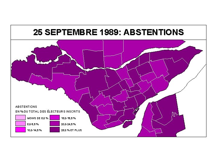 25 SEPTEMBRE 1989: ABSTENTIONS EN % DU TOTAL DES ÉLECTEURS INSCRITS MOINS DE 5,