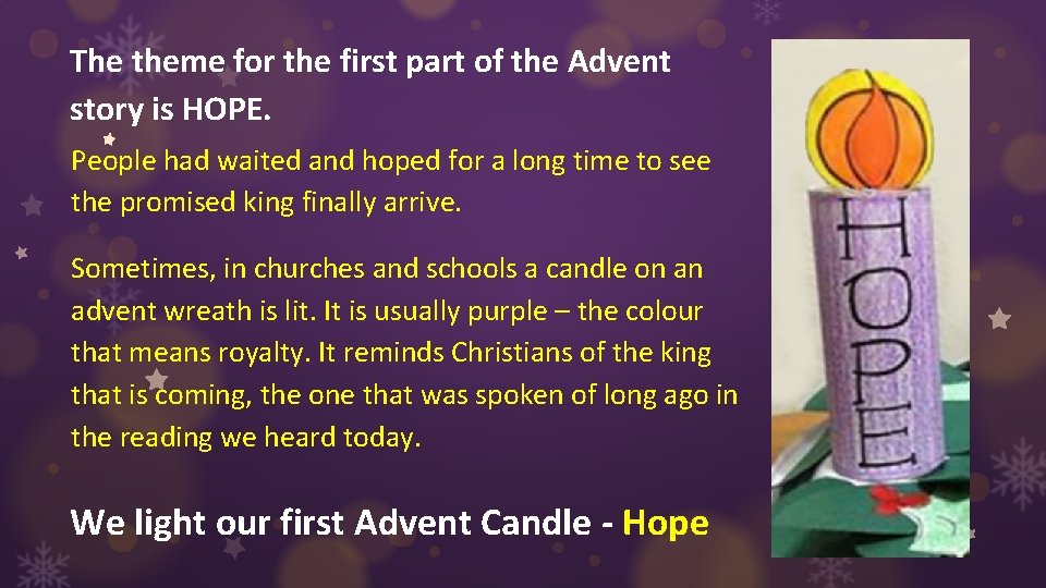 The theme for the first part of the Advent story is HOPE. People had