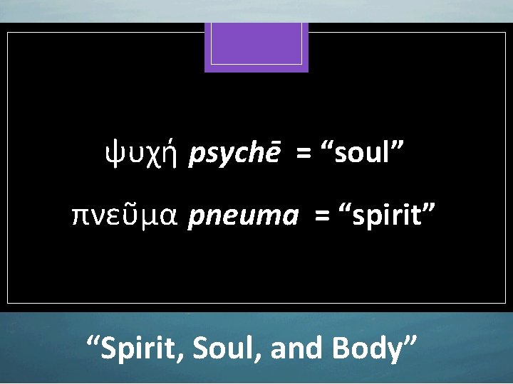 ψυχή psychē = “soul” πνεῦμα pneuma = “spirit” “Spirit, Soul, and Body” 