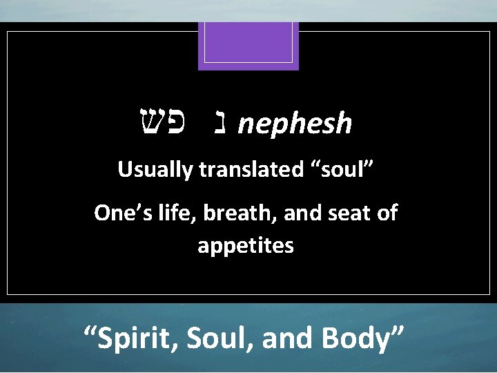  נ פש nephesh Usually translated “soul” One’s life, breath, and seat of appetites