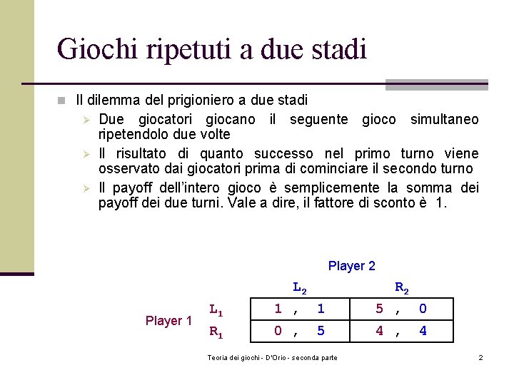 Giochi ripetuti a due stadi n Il dilemma del prigioniero a due stadi Ø Giochi ripetuti a due stadi n Il dilemma del prigioniero a due stadi Ø