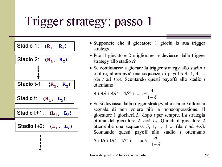 Trigger strategy: passo 1 Stadio 1: (R 1, R 2) Stadio 2: (R 1, Trigger strategy: passo 1 Stadio 1: (R 1, R 2) Stadio 2: (R 1,