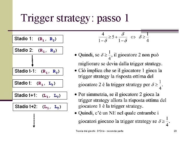 Trigger strategy: passo 1 Stadio 1: (R 1, R 2) Stadio 2: (R 1, Trigger strategy: passo 1 Stadio 1: (R 1, R 2) Stadio 2: (R 1,