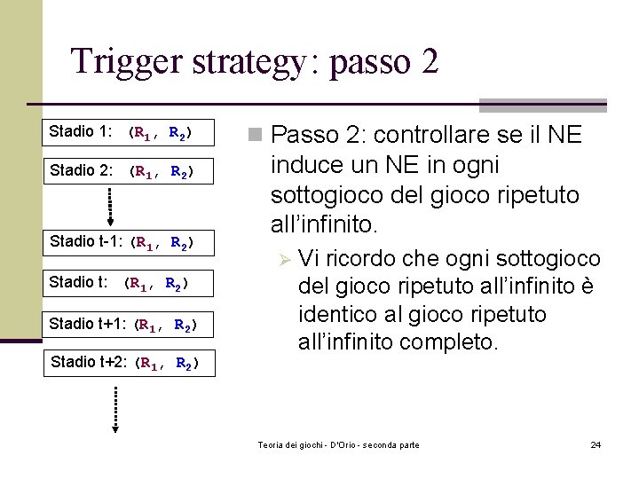 Trigger strategy: passo 2 Stadio 1: (R 1, R 2) Stadio 2: (R 1, Trigger strategy: passo 2 Stadio 1: (R 1, R 2) Stadio 2: (R 1,