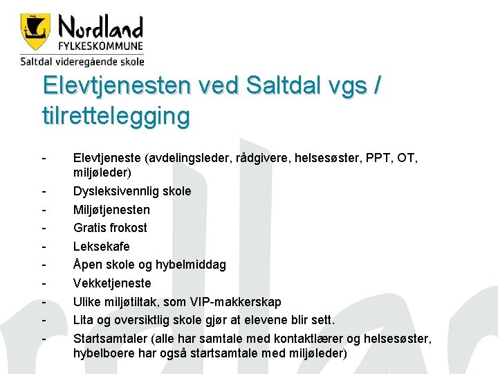 Elevtjenesten ved Saltdal vgs / tilrettelegging - Elevtjeneste (avdelingsleder, rådgivere, helsesøster, PPT, OT, miljøleder)