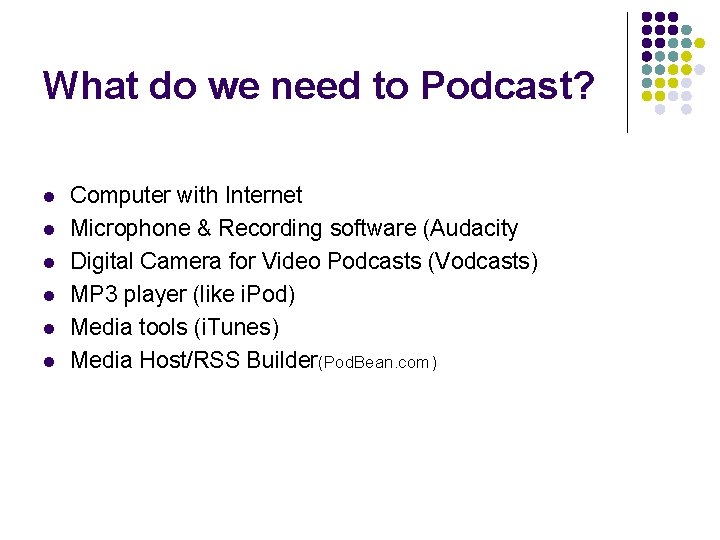 What do we need to Podcast? l l l Computer with Internet Microphone &