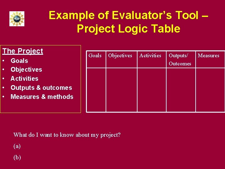 Example of Evaluator’s Tool – Project Logic Table The Project • • • Goals