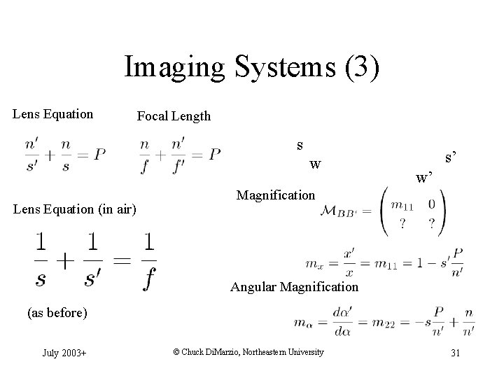 Imaging Systems (3) Lens Equation Focal Length s w Lens Equation (in air) s’