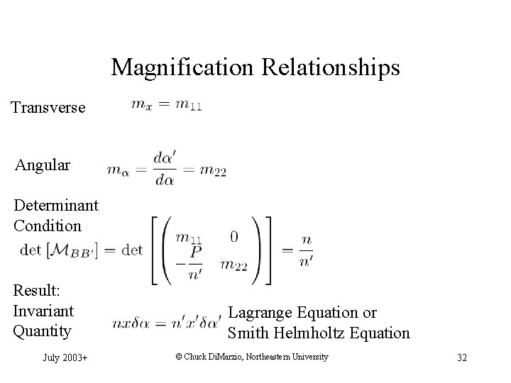 Magnification Relationships Transverse Angular Determinant Condition Result: Invariant Quantity July 2003+ Lagrange Equation or