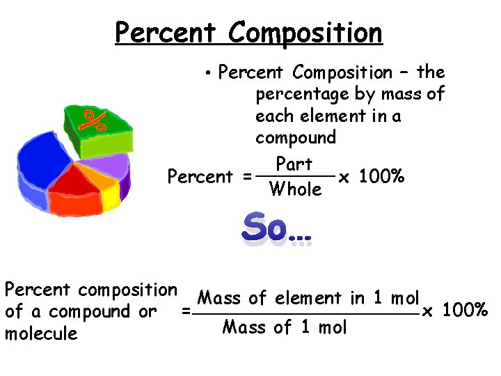 Percent Composition • Percent Composition – the percentage by mass of each element in