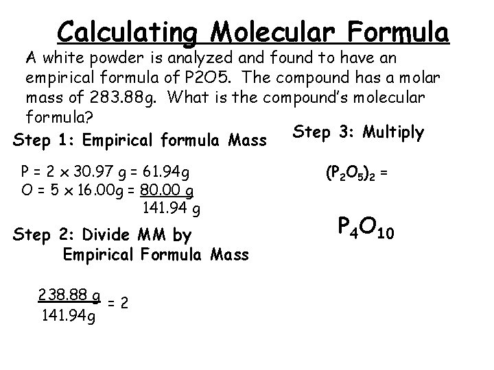 Calculating Molecular Formula A white powder is analyzed and found to have an empirical