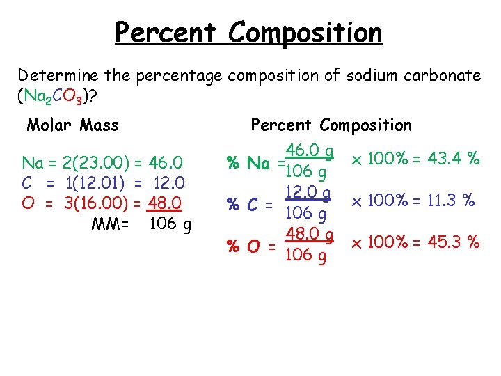 Percent Composition Determine the percentage composition of sodium carbonate (Na 2 CO 3)? Molar