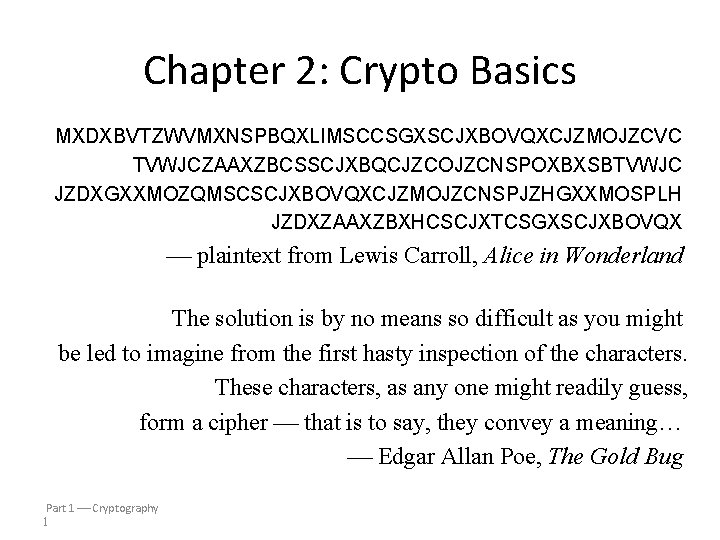 Chapter 2: Crypto Basics MXDXBVTZWVMXNSPBQXLIMSCCSGXSCJXBOVQXCJZMOJZCVC TVWJCZAAXZBCSSCJXBQCJZCOJZCNSPOXBXSBTVWJC JZDXGXXMOZQMSCSCJXBOVQXCJZMOJZCNSPJZHGXXMOSPLH JZDXZAAXZBXHCSCJXTCSGXSCJXBOVQX plaintext from Lewis Carroll, Alice in