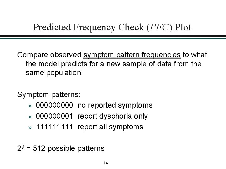 Predicted Frequency Check (PFC) Plot Compare observed symptom pattern frequencies to what the model Predicted Frequency Check (PFC) Plot Compare observed symptom pattern frequencies to what the model