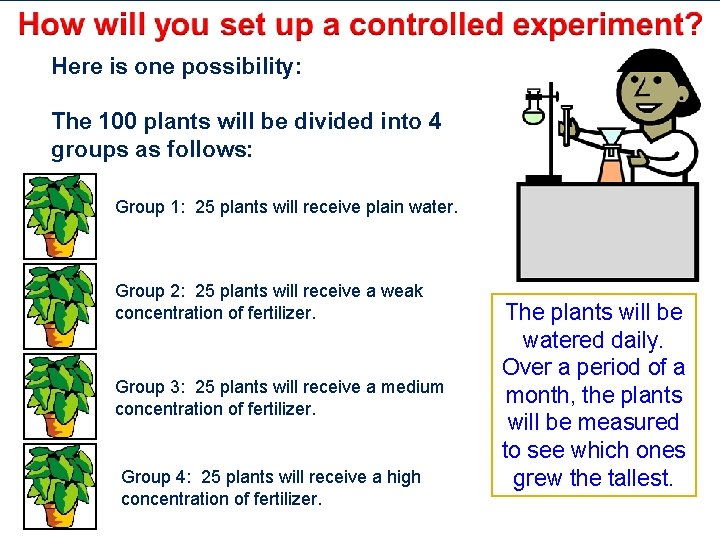 Here is one possibility: The 100 plants will be divided into 4 groups as