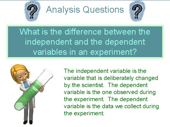 Analysis Questions What is the difference between the independent and the dependent variables in